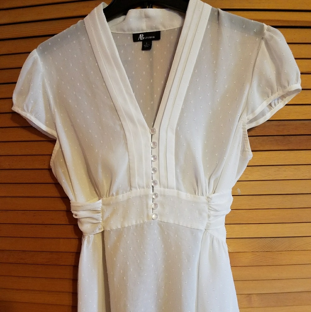 Sheer white embroidered V-neck top w/ waist tie